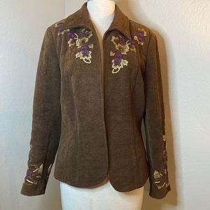 Coldwater Creek suede velvet like Brown Embroidered jacket size 10